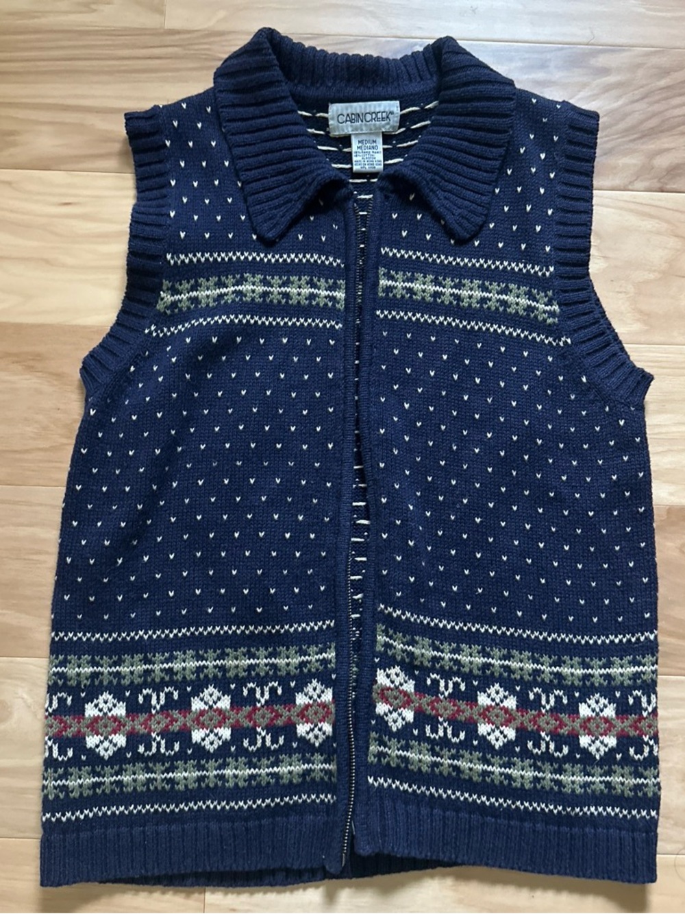 Vintage Cabin Creek Navy blue, green and white 90s zip-up sweater vest